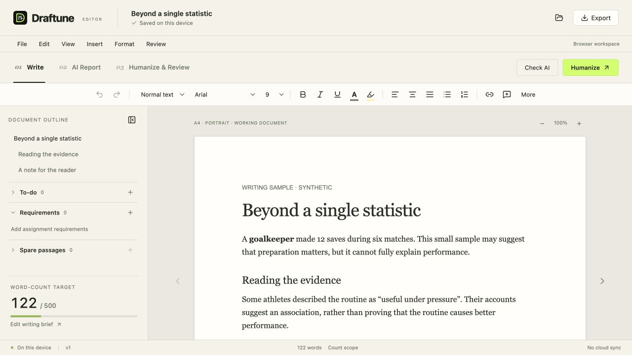 Draftune’s editor: a paper document beside its outline, requirements, to-dos and a large word-count target.